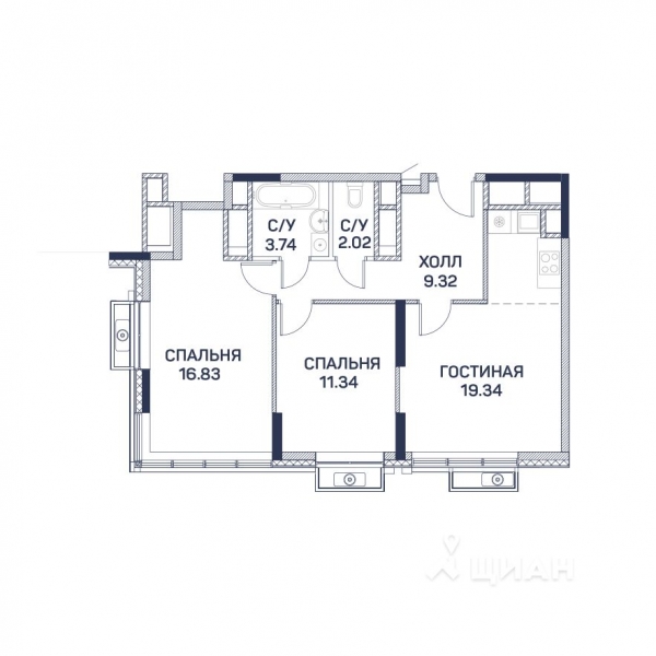 2-комн. квартира, 62,73 м&sup2;
