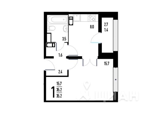1-комн. квартира, 35,3 м&sup2;
