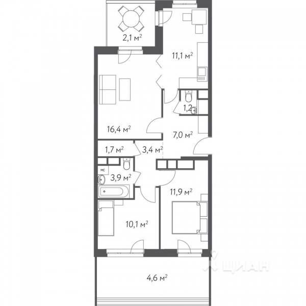 3-комн. квартира, 73,4 м²