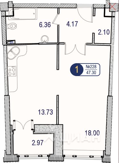 1-комн. апартаменты, 47,3 м²