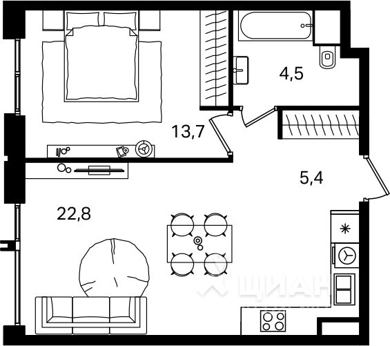 2-комн. квартира, 46 м²