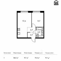 1-комн. квартира, 36,3 м²