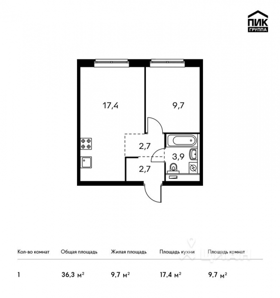 1-комн. квартира, 36,3 м²
