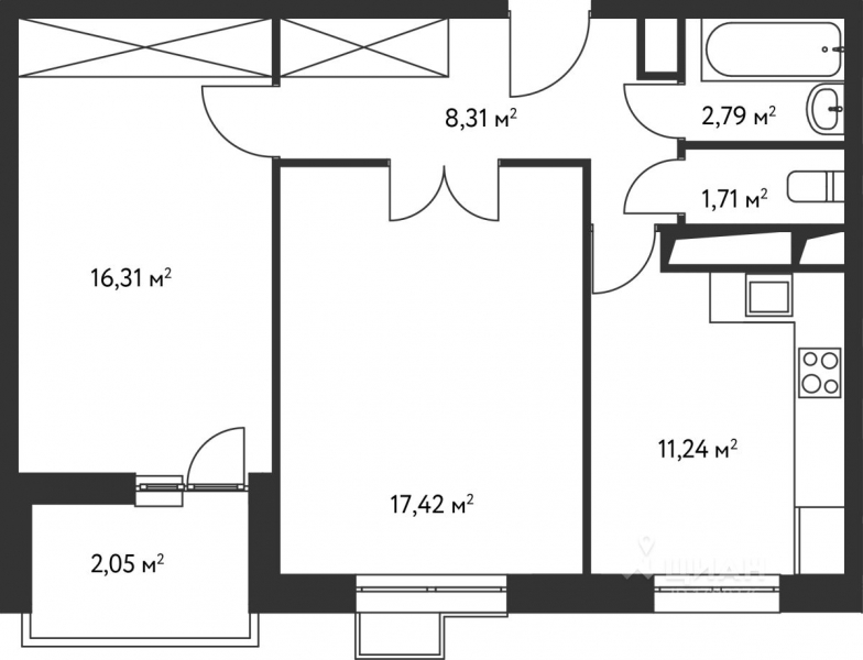 2-комн. квартира, 59,83 м²