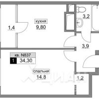 1-комн. квартира, 34,3 м²