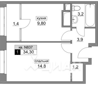 1-комн. квартира, 34,3 м²