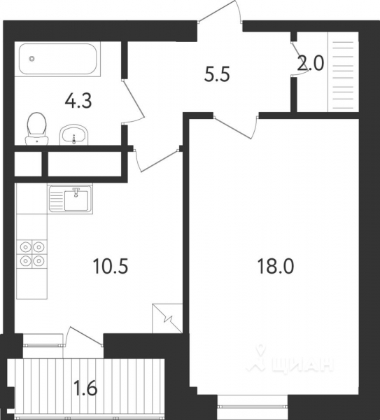 1-комн. квартира, 41,9 м²