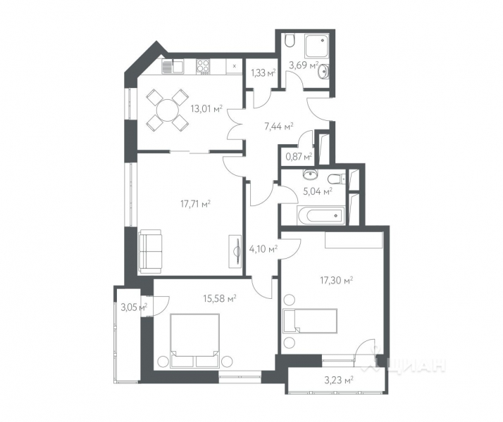3-комн. квартира, 88,61 м&sup2;