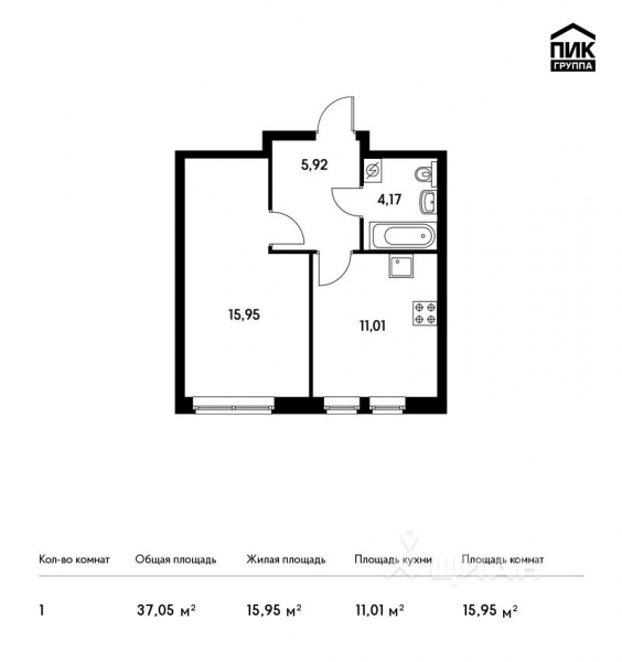 1-комн. квартира, 37,05 м²