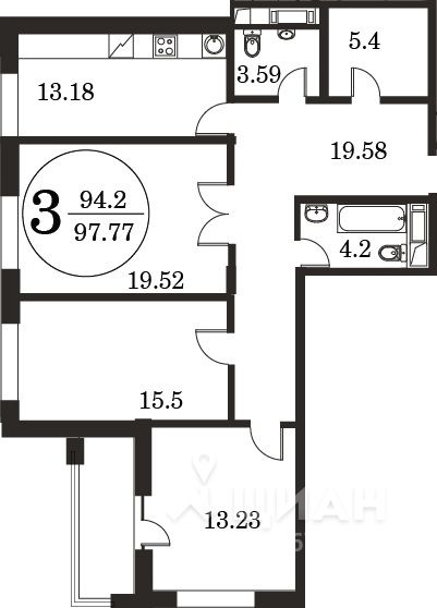 3-комн. квартира, 94,2 м²