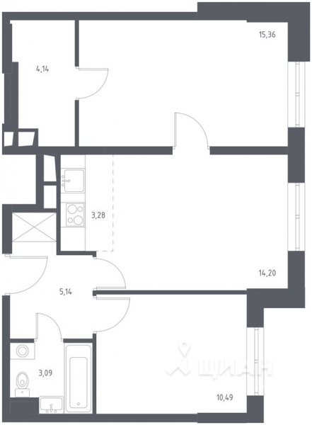 3-комн. квартира, 55,7 м²