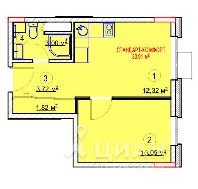 1-комн. апартаменты, 30,91 м²