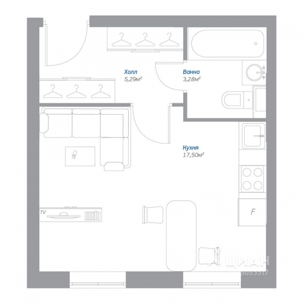 Студия, 26,07 м&sup2;