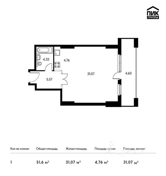 1-комн. апартаменты, 51,6 м²