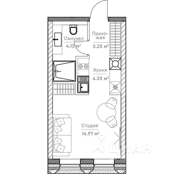 Апартаменты-студия, 26,08 м²