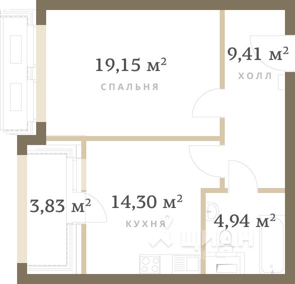 1-комн. квартира, 49,8 м²