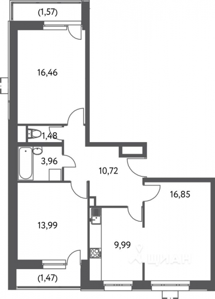 3-комн. квартира, 76,49 м&sup2;