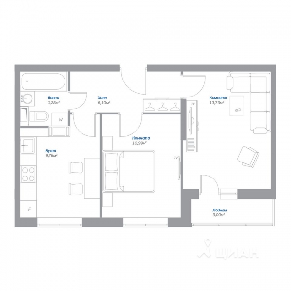 2-комн. квартира, 45,36 м²