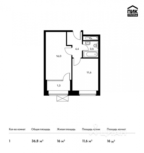 1-комн. квартира, 36,8 м&sup2;
