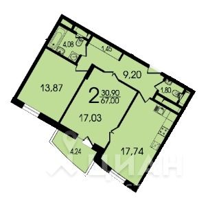 2-комн. квартира, 67 м²