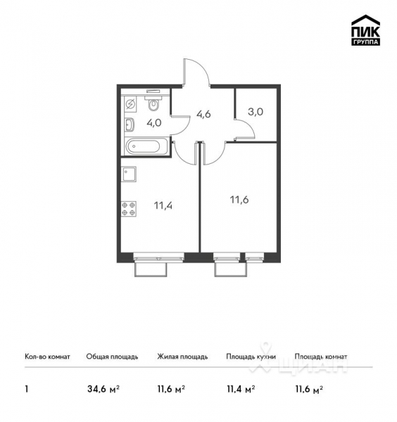 1-комн. квартира, 34,6 м&sup2;