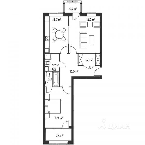 2-комн. квартира, 75,7 м²