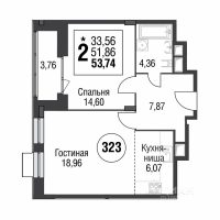 2-комн. квартира, 53,74 м²