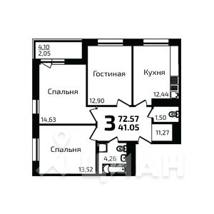 3-комн. квартира, 72,57 м&sup2;