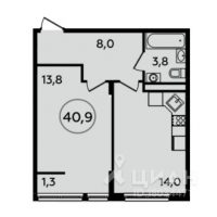 1-комн. квартира, 40,9 м²