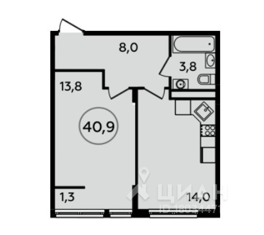 1-комн. квартира, 40,9 м²
