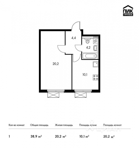 1-комн. квартира, 38,9 м&sup2;