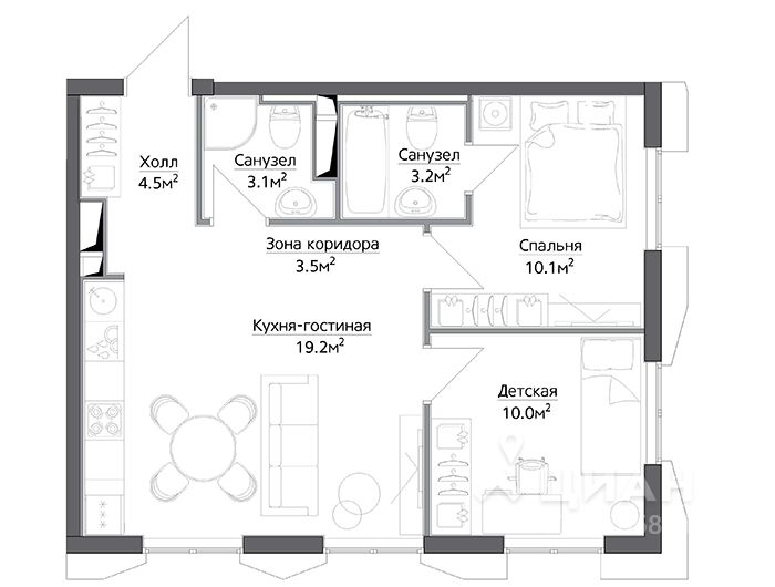 2-комн. квартира, 53,51 м²