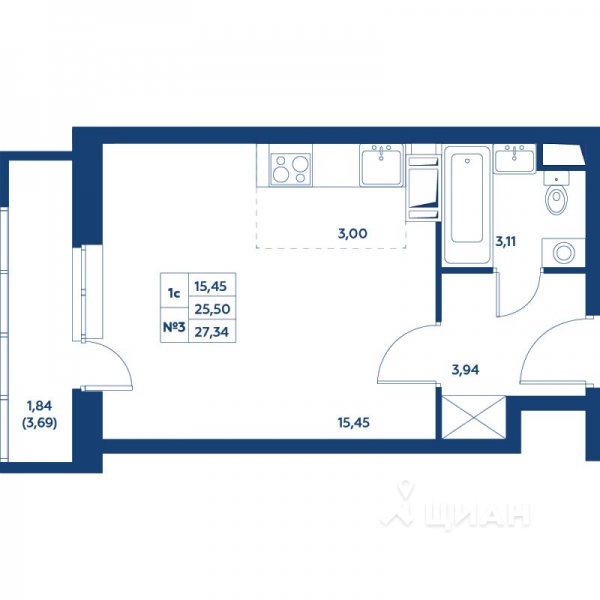 Студия, 27,34 м²