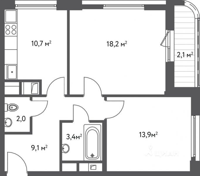 2-комн. квартира, 59,4 м²