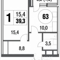 1-комн. квартира, 39,3 м²