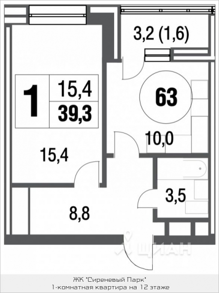 1-комн. квартира, 39,3 м&sup2;