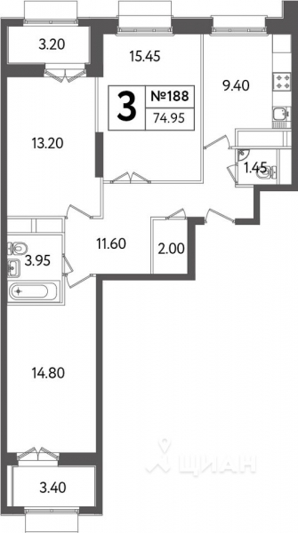 3-комн. квартира, 74,95 м²