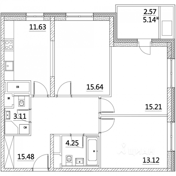 3-комн. квартира, 83,58 м&sup2;
