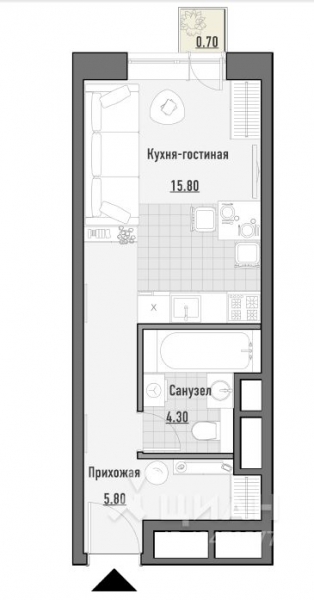 1-комн. апартаменты, 26,86 м²