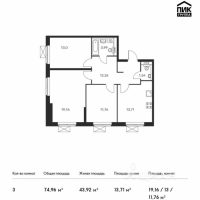3-комн. квартира, 74,96 м²