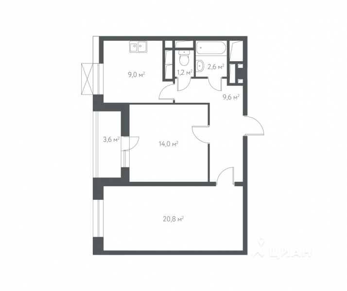 2-комн. квартира, 57,6 м²