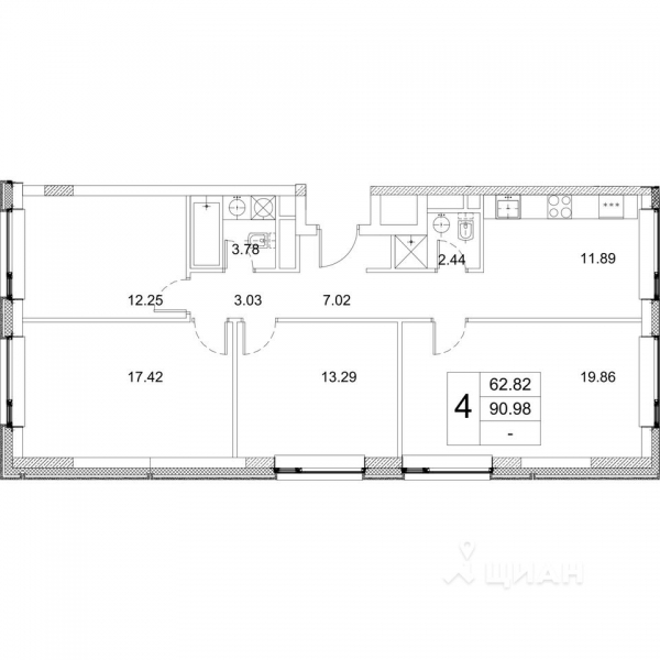 4-комн. квартира, 90,98 м²