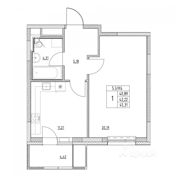 1-комн. квартира, 42,22 м²