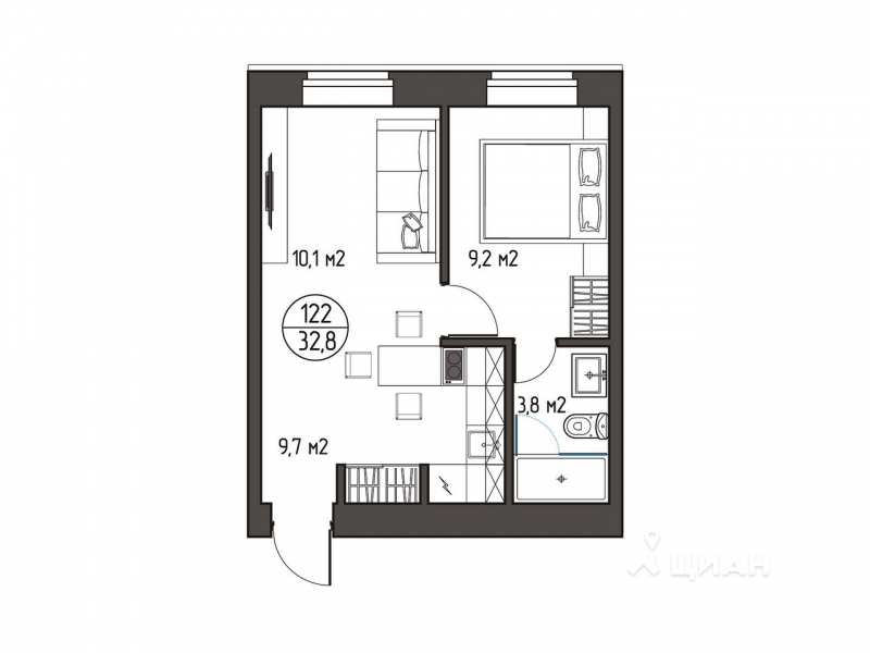 1-комн. апартаменты, 32,8 м²