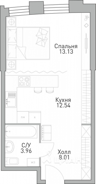 1-комн. квартира, 37,63 м²
