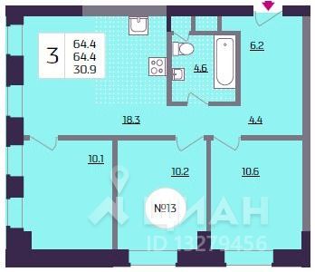 3-комн. квартира, 64,4 м²