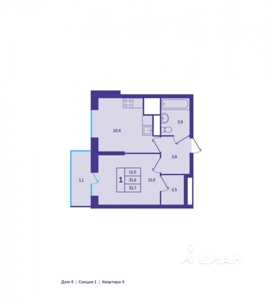 1-комн. квартира, 32,1 м²