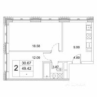 2-комн. квартира, 49,42 м²