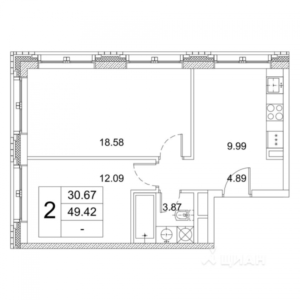 2-комн. квартира, 49,42 м²
