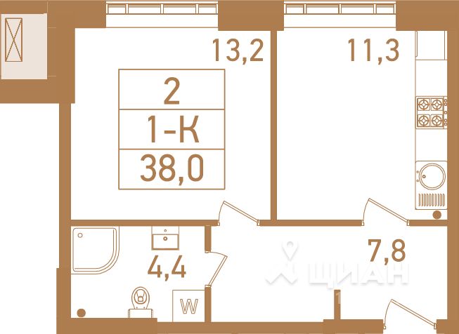 1-комн. квартира, 38,2 м&sup2;